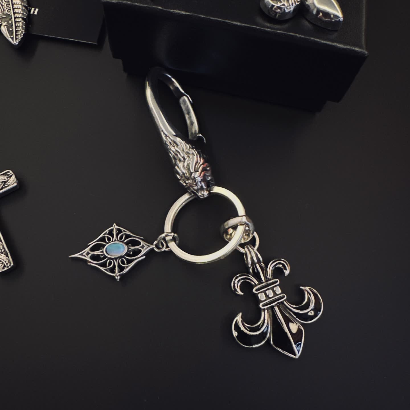 Chrome Hearts Silver Keychain with Cross and Fleur-de-lis Charms